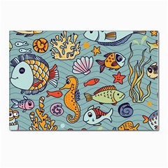 Cartoon Underwater Seamless Pattern With Crab Fish Seahorse Coral Marine Elements Postcards 5  X 7  (pkg Of 10) by Bedest