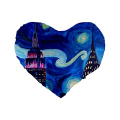 Starry Night In New York Van Gogh Manhattan Chrysler Building And Empire State Building Standard 16  Premium Flano Heart Shape Cushions by Sarkoni