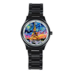 Eiffel Tower Starry Night Print Van Gogh Stainless Steel Round Watch by Sarkoni