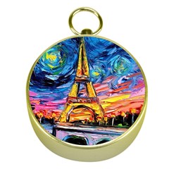 Eiffel Tower Starry Night Print Van Gogh Gold Compasses by Sarkoni
