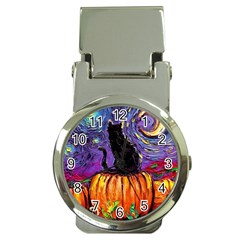 Halloween Art Starry Night Hallows Eve Black Cat Pumpkin Money Clip Watches by Sarkoni