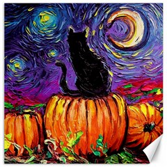 Halloween Art Starry Night Hallows Eve Black Cat Pumpkin Canvas 12  X 12  by Sarkoni