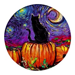 Halloween Art Starry Night Hallows Eve Black Cat Pumpkin Round Glass Fridge Magnet (4 Pack) by Sarkoni