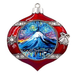 Mount Fuji Art Starry Night Van Gogh Metal Snowflake And Bell Red Ornament by Sarkoni