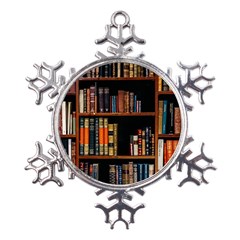 Assorted Title Of Books Piled In The Shelves Assorted Book Lot Inside The Wooden Shelf Metal Large Snowflake Ornament by Ravend