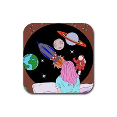 Girl Bed Space Planet Spaceship Rubber Coaster (square) by Bedest