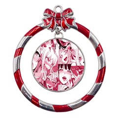 Ahegao Pink, Anime, Girl, Girlface, Girls, Pattern, White, Hd Metal Red Ribbon Round Ornament by nateshop