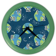 Seamless Pattern Cartoon Earth Planet Color Wall Clock by Grandong