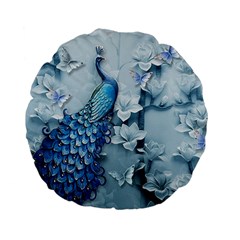 Chinese Style 3d Embossed Blue Peacock Oil Painting Standard 15  Premium Flano Round Cushions by Grandong