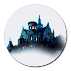 Blue Castle Halloween Horror Haunted House Round Mousepad by Sarkoni