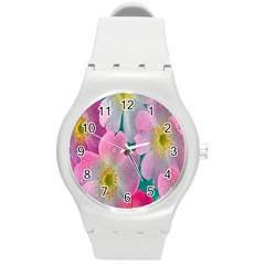 Pink Neon Flowers, Flower Round Plastic Sport Watch (m) by nateshop