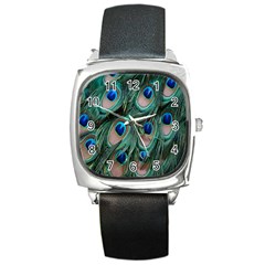 Peacock-feathers,blue2 Square Metal Watch by nateshop