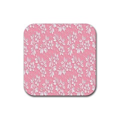 Pink Texture With White Flowers, Pink Floral Background Rubber Coaster (square) by nateshop