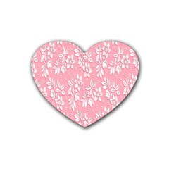 Pink Texture With White Flowers, Pink Floral Background Rubber Coaster (heart) by nateshop