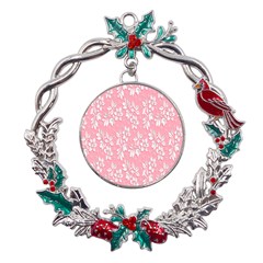 Pink Texture With White Flowers, Pink Floral Background Metal X mas Wreath Holly Leaf Ornament