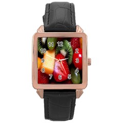 Fruits, Food, Green, Red, Strawberry, Yellow Rose Gold Leather Watch  by nateshop