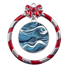 Abstract Blue Ocean Wave Metal Red Ribbon Round Ornament by Jack14