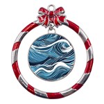 Abstract Blue Ocean Wave Metal Red Ribbon Round Ornament Front