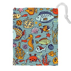Cartoon Underwater Seamless Pattern With Crab Fish Seahorse Coral Marine Elements Drawstring Pouch (5xl) by uniart180623