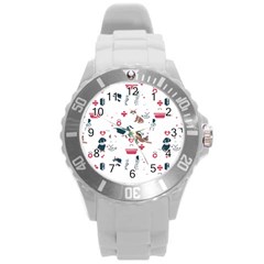 Veterinarian Gift T- Shirt Veterinary Medicine, Happy And Healthy Friends    Pattern    Coral Backgr Round Plastic Sport Watch (l)