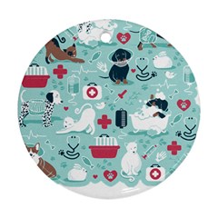 Veterinarian Medicine T- Shirt Veterinary Medicine, Happy And Healthy Friends    Aqua Background Red Ornament (round) by ZUXUMI