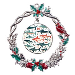 Fish Shark Animal Pattern Metal X mas Wreath Holly Leaf Ornament by Pakjumat