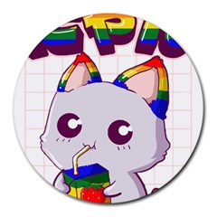 Gay Pride T- Shirt Gay Pride Kawaii Cat Strawberry Milk Rainbow Flag T- Shirt Round Mousepad by ZUXUMI