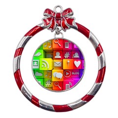 Colorful 3d Social Media Metal Red Ribbon Round Ornament by Ket1n9