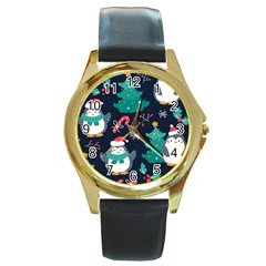 Colorful-funny-christmas-pattern      - Round Gold Metal Watch by Grandong