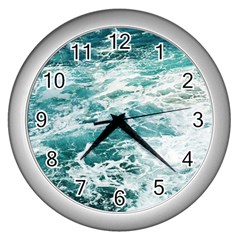 Blue Crashing Ocean Wave Wall Clock (silver) by Jack14