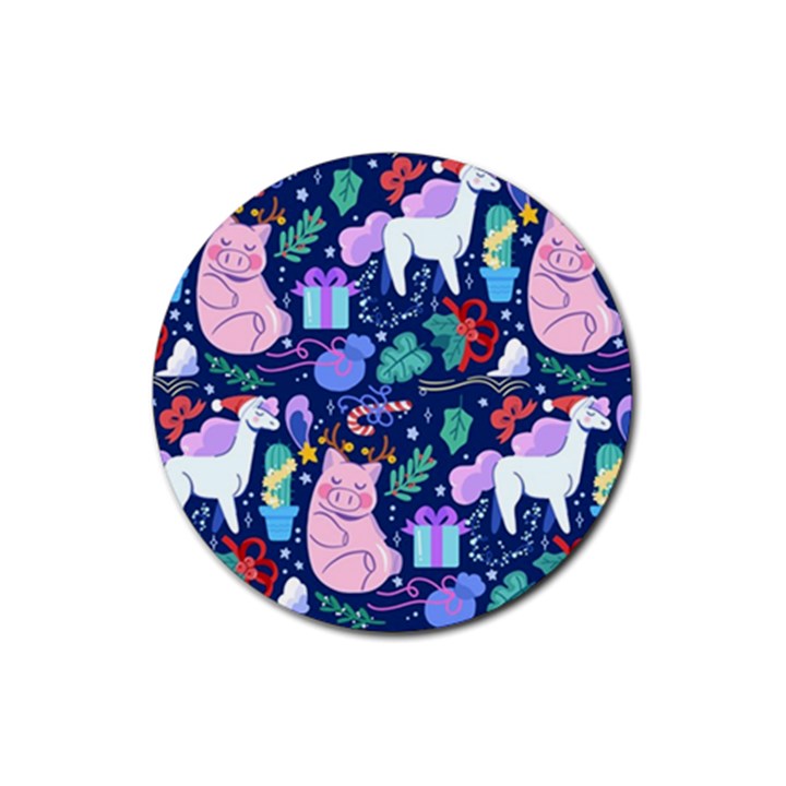 Colorful-funny-christmas-pattern Pig Animal Rubber Coaster (Round)