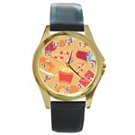 Fast Junk Food  Pizza Burger Cool Soda Pattern Round Gold Metal Watch