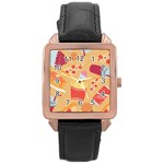 Fast Junk Food  Pizza Burger Cool Soda Pattern Rose Gold Leather Watch 