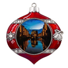Hamburg City Blue Hour Night Metal Snowflake And Bell Red Ornament by Amaryn4rt