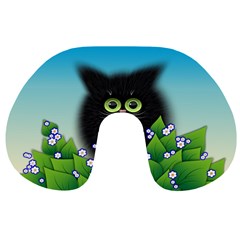 Kitten Black Furry Illustration Travel Neck Pillow by Sarkoni