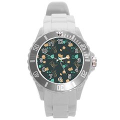 Flower Leaves Pattern Seamless Round Plastic Sport Watch (l) by Bedest