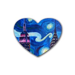 Starry Night In New York Van Gogh Manhattan Chrysler Building And Empire State Building Rubber Coaster (heart) by Modalart