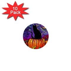 Halloween Art Starry Night Hallows Eve Black Cat Pumpkin 1  Mini Buttons (10 Pack)  by Modalart