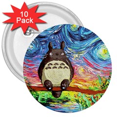 Totoro Starry Night Art Van Gogh Parody 3  Buttons (10 Pack)  by Modalart
