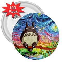 Totoro Starry Night Art Van Gogh Parody 3  Buttons (100 Pack)  by Modalart