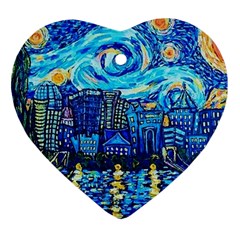 Starry Night Van Gogh Painting Art City Scape Heart Ornament (two Sides) by Modalart