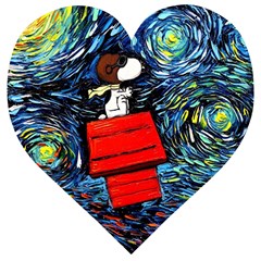 Dog Flying House Cartoon Starry Night Vincent Van Gogh Parody Wooden Puzzle Heart by Modalart