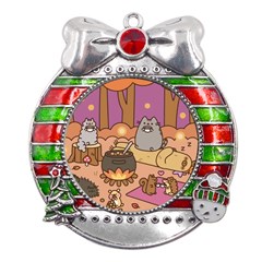 Pusheen Cute Fall The Cat Metal X mas Ribbon With Red Crystal Round Ornament by Modalart