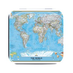 Blue White And Green World Map National Geographic Square Metal Box (black) by Pakjumat