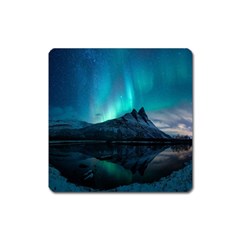 Aurora Borealis Mountain Reflection Square Magnet by Pakjumat