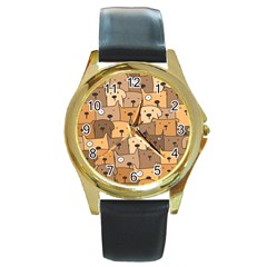 Cute Dog Seamless Pattern Background Round Gold Metal Watch