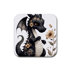 Cute Black Baby Dragon Flowers Painting (7) Rubber Coaster (square) by 1xmerch