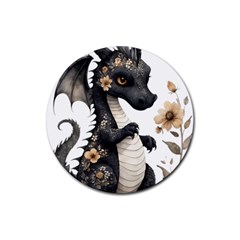 Cute Black Baby Dragon Flowers Painting (7) Rubber Round Coaster (4 Pack) by 1xmerch