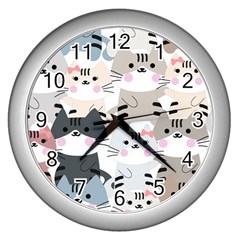 Cute Cat Couple Seamless Pattern Cartoon Wall Clock (silver) by Bedest