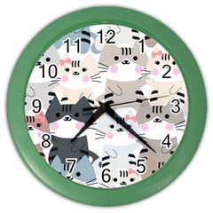Cute Cat Couple Seamless Pattern Cartoon Color Wall Clock by Bedest